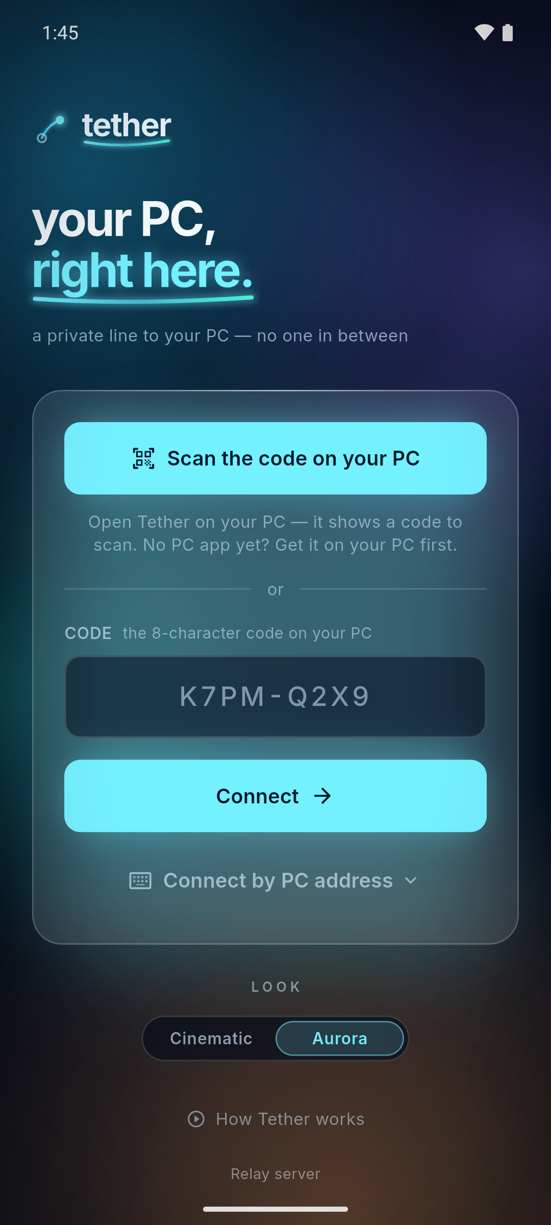 The same PC Tether connect screen in the Aurora look — a teal-and-violet glass wash.