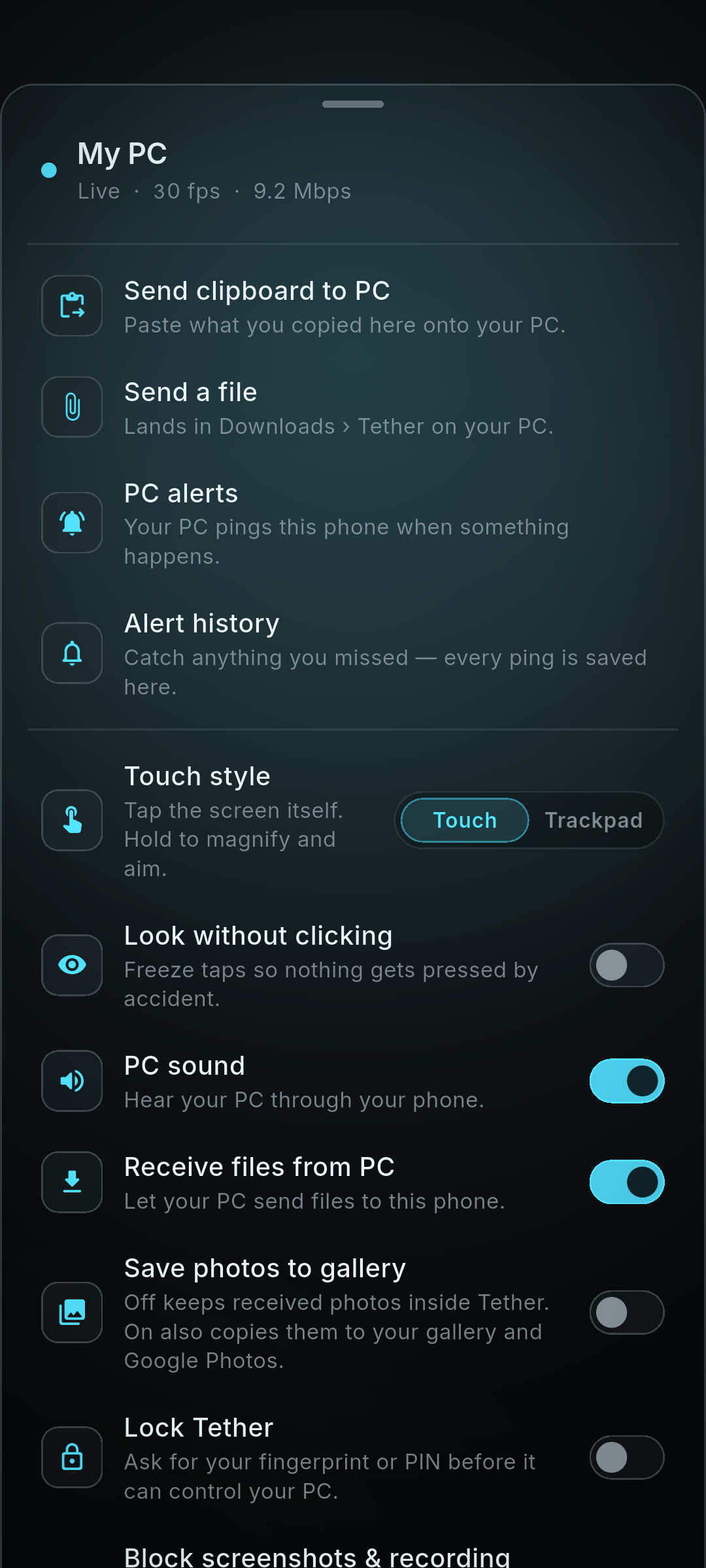 PC Tether's in-session control sheet: send clipboard to PC, send a file, PC alerts and history, touch or trackpad, look without clicking, PC sound, receive files, save photos, lock PC Tether, block screenshots.